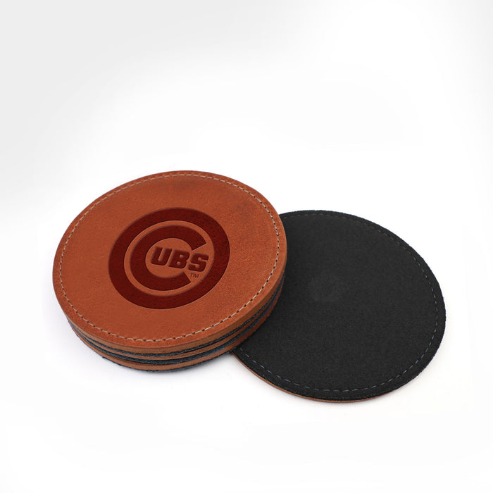 Chicago Cubs Brown Leather and Black Wool Coasters